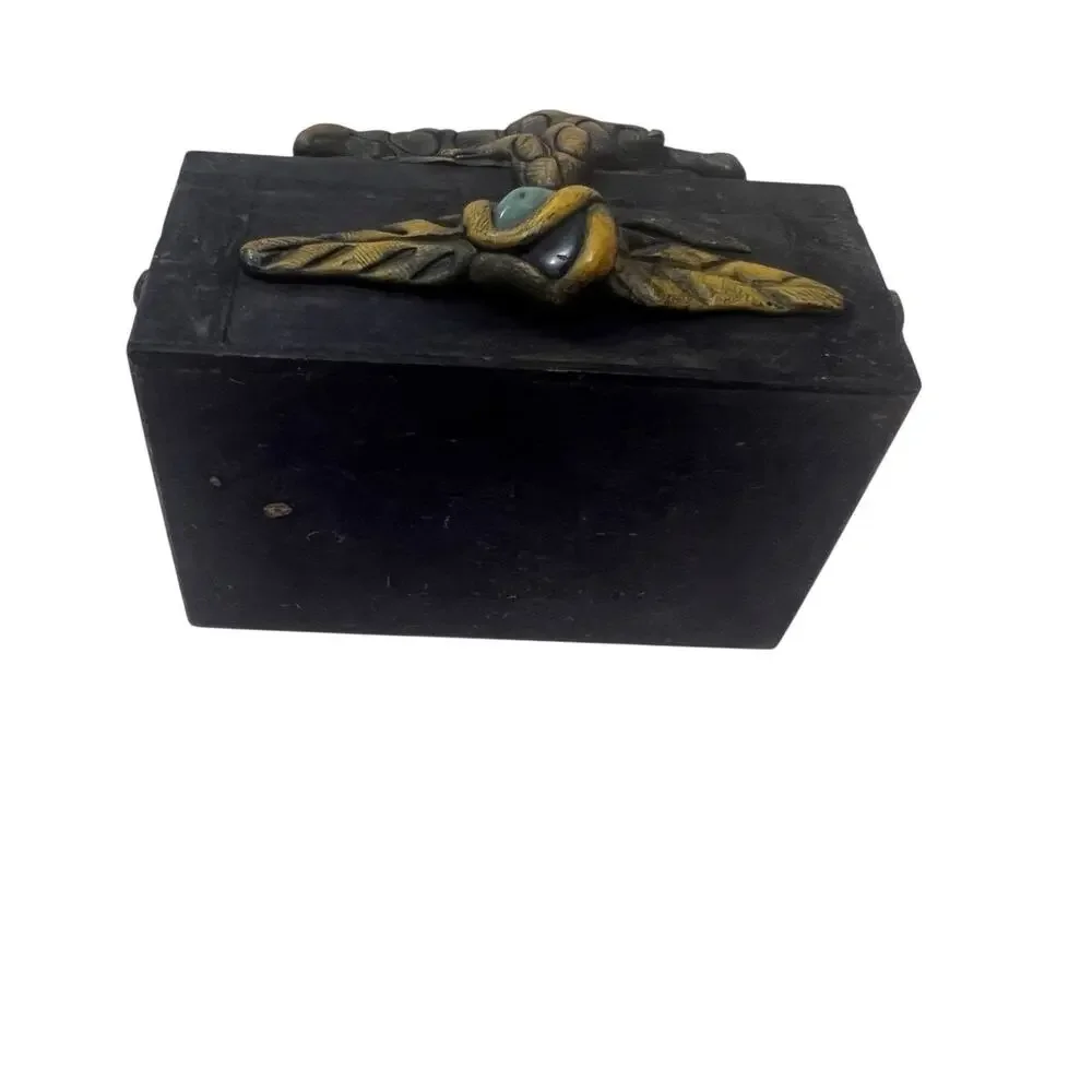 Southeast Asian Wooden Handmade Trinket Box Crocodile Carved Semi-precious Stone